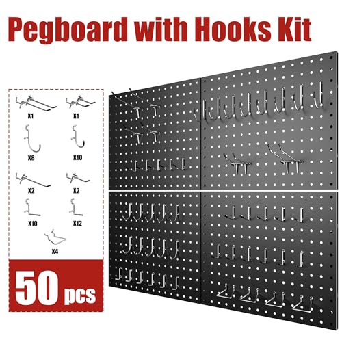 7S garage 4 Pack Metal Pegboard Panels with 50 Hooks, Black Pegboard Wall Organizer, Pegboard Accessories, Heavy Duty Garage Tool Storage System for Workbench, Workshop, Office, Craft Room