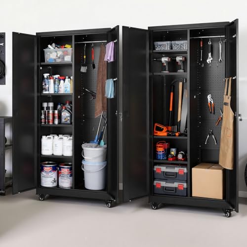 VEVOR Metal Storage Cabinet, 70.6 in Rolling Steel Garage Cabinet with Adjustable Shelves, 2 Magnetic Doors, Hanging Rod & 3 Rod Hooks, 5 Tiers Lockable Tool Storage for Pantry, Warehouse, Basement