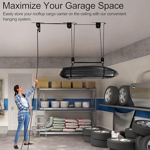 TRUSOON 2025 Upgrade Cargo Box Garage Pulley System, Garage Ceiling Hoist Heavy-Duty Holds up to 150 lbs Capacity, Fit 10-18 Foot Ceilings, Black