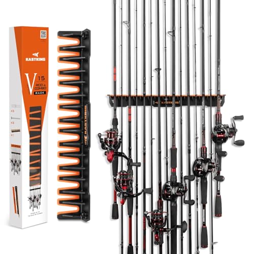KastKing V15 Vertical Fishing Rod Holder – Wall Mounted Fishing Rod Rack, Store 15 Rods or Fishing Rod Combos in 17.25 Inches, Great Fishing Pole Holder and Rack