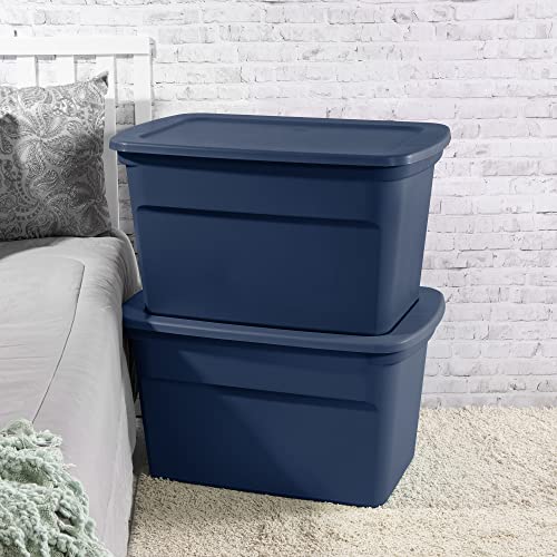 Sterilite Lidded Stackable 30 Gallon Storage Tote Container with Handles and Indented Lid for Efficient, Space Saving Household Storage, Marine Blue