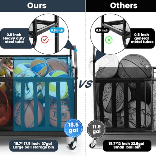 Kinghouse Garage Sports Equipment Organizer, Sports Rack with Hooks, with 37 Gal Ball Storage Bin, Elastic Straps Storage for Basketball, Soccer, Tennis, Stick, Racket, Nerf Gun, Toy, Indoor, Outdoor