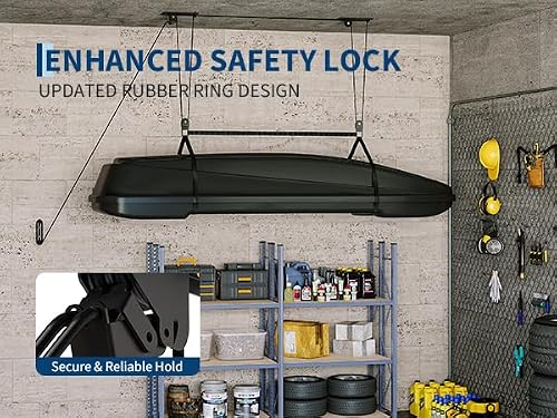 Cargo Box Garage Pulley System, Heavy‑Duty Overhead Hoist for Rooftop Cargo Boxes & Large Bins, 150 Lb Capacity, Fits 8–10 ft Garage Ceilings, Adjustable Straps & Dual Fixed‑Point Design