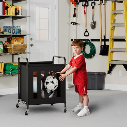 StorageWorks 180L Ball Storage with Wheels, Ball Cart for Garage, Garage Sports Equipment Organizer with Hooks, Balls Organizer for Basketball, Football, Volleyball