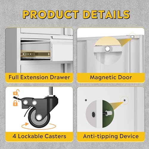 DEVAISE Metal Garage Storage Cabinet with Locking Doors and Adjustable Shelves, Rolling Tool Cabinet with Drawer for Garage,Warehouse,Home,Office (White)