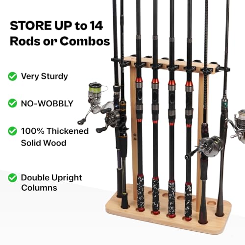 VEYWANE Fishing Rod Storage Racks, 100% Wood Floor Stand Fishing Pole Holders for Garage of 14 Rods or Combos