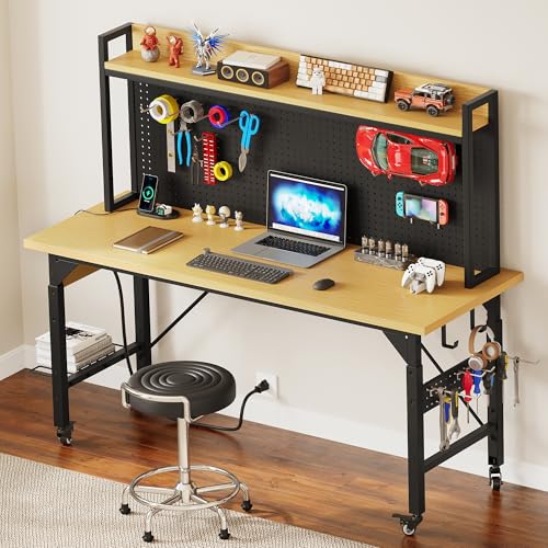DWVO 60" Adjustable Workbench with Pegboard, Heavy Duty Wood Top Work Bench with Wheels, 1600 LBS Load Capacity, Rolling Work Table with AC/USB Outlet, Hooks, Rack for Garage, Workshop, Office, Home