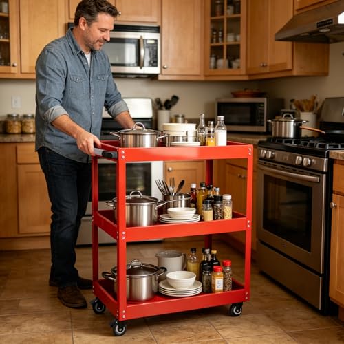 DEGEDUN 3-Tier Utility Cart, 330 Lbs Load Capacity, Heavy Duty Rolling Tool Cart with Wheels, Red Steel Service Cart for Workshop and Garage Storage