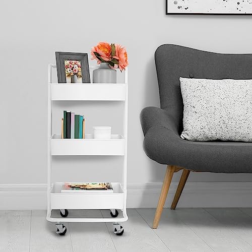 Seville Classics 3 Bin Metal Rolling Storage Utility Cart Organizer Trolley w/Lockable Wheels for Office, Art Supplies, School, Salon, Kitchen, Garage, Home, White w/Handle