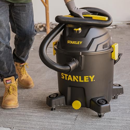 STANLEY 10 Gallon Wet Dry Vacuum, 6 Peak HP Poly Built-in Drain Shop Vac Blower with Powerful Suction, Multifunctional Shop Vacuum W/ 6 Horsepower Motor for Job Site, Garage, Basement, Van, Workshop