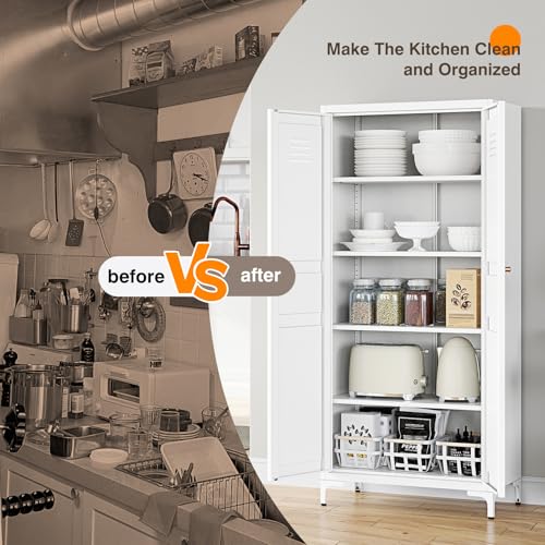 Yizosh Metal Storage Cabinet with 2 Doors and 4 Adjustable Shelves - 61" White Kitchen Pantry Storage 5-Tier Tall Steel Cabinets Locker for Kitchen, Living Room, Dining Room