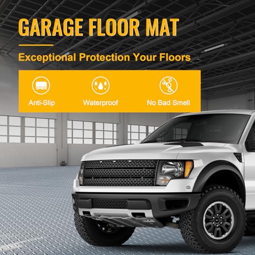 7.5x25 FT Garage Floor Mat, 2.8mm Thickened Flooring Roll Under Car Mat with 20Pcs Tapes, Diamond Plate, Non-Slip Floor Protector Mat for Trailer, Garage, Warehouse, Gyms, Trailer, Gray