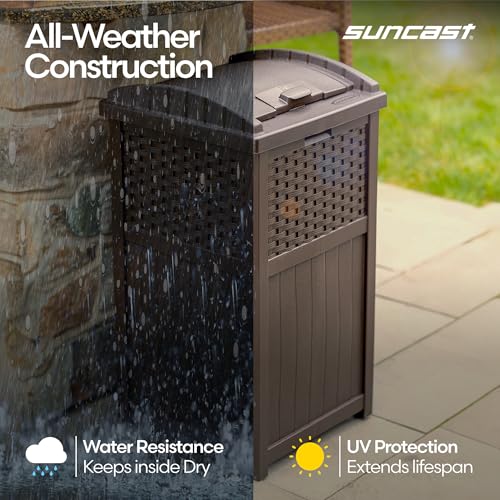 Suncast 33 Gallon Commercial Outdoor Trashcan Hideaway with Lid for 30 to 33 Gallon Trash Bags for Garage, Backyard, or Garden, Brown