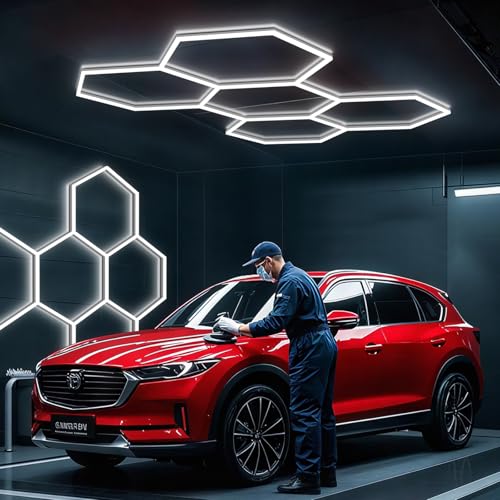 BRILLIHOOD Hexagon Garage Lights, LED Honeycomb Lights Ceiling, 192W, 23040LM, 6500K Super Bright, 5 Grid Systems Car Detailing Light for Garage Warehouse Workshop Basement Gym