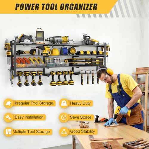 Jusgym Large 49''W Power Tool Organizer Wall Mount |650lbs Tool Garage Storage Rack with 12 Cordless Drill Holder |4-Tier Heavy Duty Garage Organization |Fathers Day Dad Gifts for Men