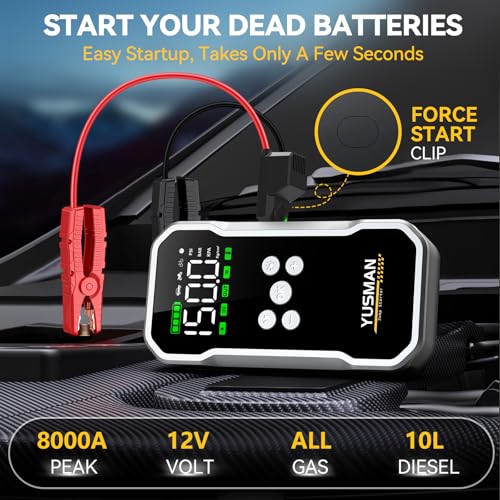 Jump Starter with Air Compressor, 8000A 160PSI Jump Starter Pack (10.0 Gas/7.0L Diesel), 12V Car Jump Starter, Battery Jump Starter with Display, Smart Jumper Cables, 2 LED Light