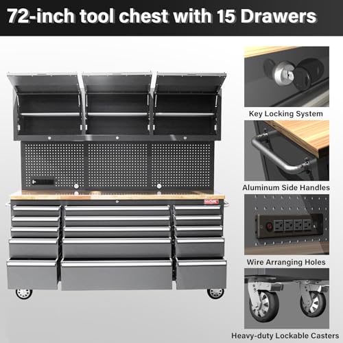 HAUTMEC 72" Rolling Tool Chest, Heavy-Duty Tool Cabinet with Wheels, Garage Workbench with 15 Drawers, 3 Upper Cabinets, Pegboard & 51 Hooks, Oak Worktop & Power Strip – HT0428