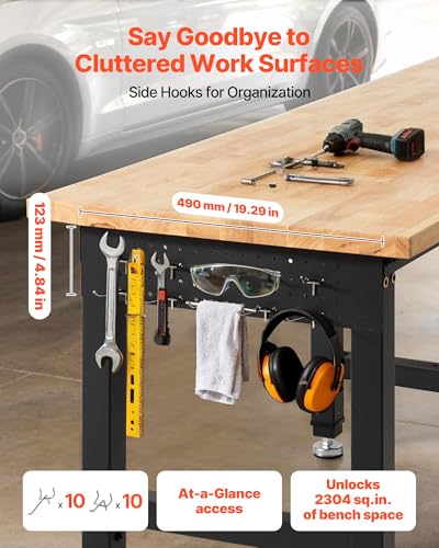 VEVOR Adjustable Workbench, 5000 lbs Capacity, 96 x 24 Inch Oak Wood Top Workstation with 4 AC Outlets & 2 USB Ports, Heavy-Duty Hardwood Worktable for Garage, Workshop, Home, Office, Commercial