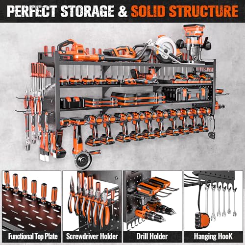 Shomextol 49.8" W Large Power Tool Organizer Wall Mount, Heavy Duty Tool Organizer with 14 cordless Drill Holder, 4 Layers Garage Organization and Storage Rack, Tool Rack for Garage Workshop, Black