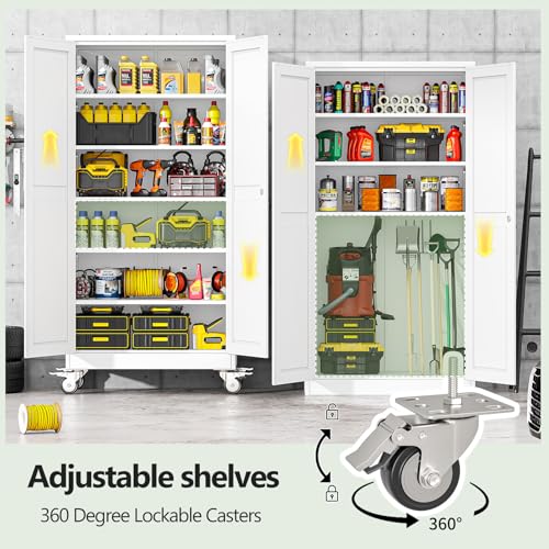 RISTERN Metal Garage Storage Cabinets and storage system, 74”Tall Rolling utility cabinet with Wheels, Lock, 5 Adjustable Shelves, Heavy Duty Steel Tool Locker for Home Office, Utility Room, Gym,White
