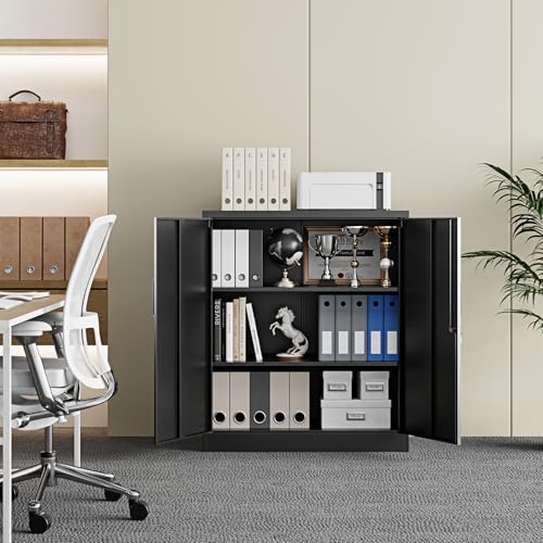 Yizosh Metal Garage Storage Cabinet with 2 Doors and 2 Adjustable Shelves - 35.5" Steel Lockable File Counter Cabinet for Home Office,Garage,Gym,School（Black）