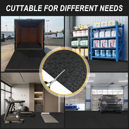 7.5x25 FT Garage Floor Mat, 2.8mm Thickened Flooring Roll Under Car Mat with 20Pcs Tapes, Diamond Plate, Non-Slip Floor Protector Mat for Trailer, Garage, Warehouse, Gyms, Trailer, Matte Black