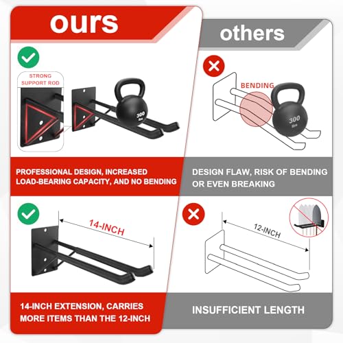 FancyEagle 14" Large Heavy Duty Garage Hooks, 4-Pack Steel Garage Storage Hooks with Support Rods, Utility Wall Mount Hangers for Power Tools, Car Tires, Ladders, Chairs, Garden Tools and More