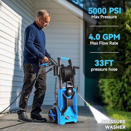 commowner Pressure Washer 5000 PSI Adjustable Pressure, Power Wahser Powered with 33ft Pressure Hose, 4 Nozzles and 500ml Foam Cannon, Powerwahser for Home, Car, Blue