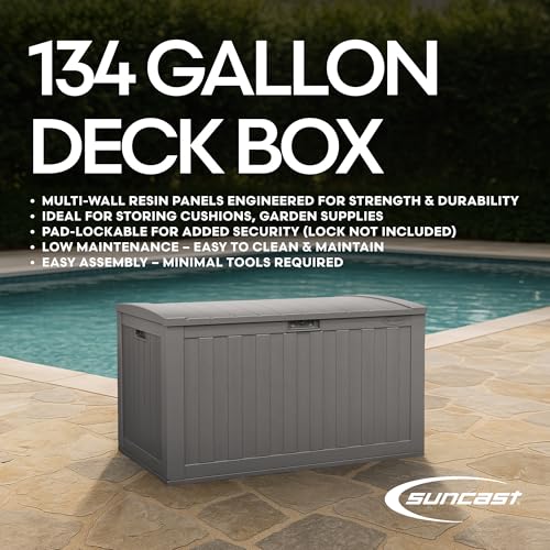 Suncast 134-Gal. Resin Extra-Large Outdoor Patio Deck Box with Pad-Lockable Lid, Modern Outdoor Patio Bench/Storage Box for Cushions, Garden Tools, and More, Dove Gray