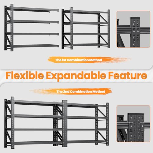 79”W Garage Shelving Heavy Duty, 6000LBS Metal Storage Shelves, 24” Deep Storage rack shelf, Steel Tall Industrial Shelving , 4 Tier Adjustable Standing Shelf for Warehouse / Shop 79"W x 24"D x 79"H