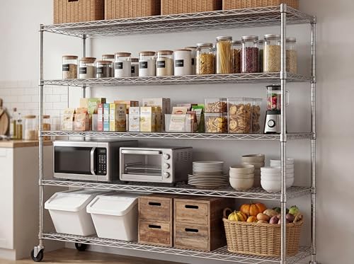 Mapleyard Chrome Storage Shelves with Wheels 55.5" W Garage Shelving Heavy Duty 4 Tier Adjustable Wire Shelving Unit Metal Shelving for Garage Pantry Commercial Basement,55.5" Wx24 Dx76 H