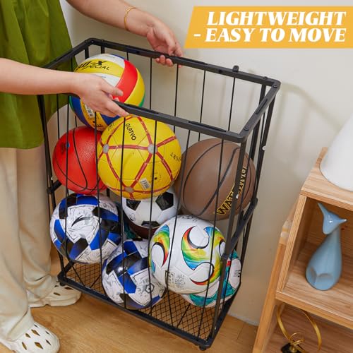 Garage Ball Storage Wall-Mounted & Floor Sports Equipment Organizer: Sports Ball Rack with Elastic Rope, Holder for Basketball, Soccer, Volleyball, Football, Garage, Gym, Black(Patent Pending)