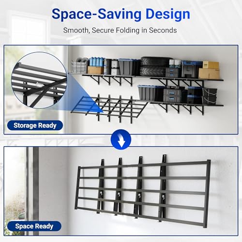 FLEXIMOUNTS 2 Pack 2x6ft Folding Garage Wall Shelves, Heavy Duty Wall Mounted Storage Rack, Holds Up to 1800 lbs,Organization System for Garage, Basement, Workshop, Black