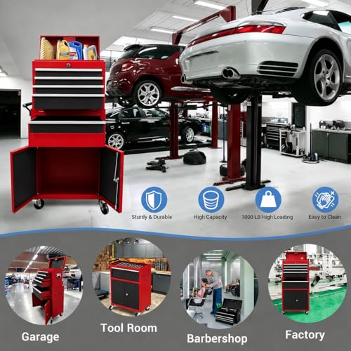 Heavy Duty 5 Drawer Tool Chest, Rolling Tool Box Cabinet on Wheels, 2-in-1 Detachable Metal Tool Storage Organizer for Garage and Workshop, Locking Steel Tool Cart with Portable Top Tool Box,Black&Red