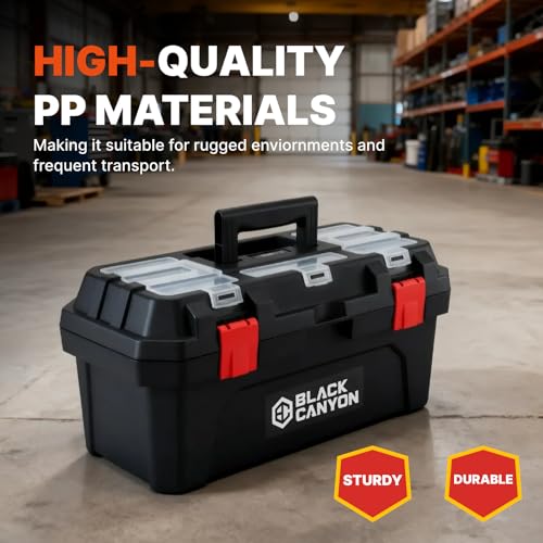Black Canyon 17 Inch Plastic Tool Box, Support up to 44 lbs, w/Handle, Polypropylene, Dual-Layer Design, Flexible for Stacking, Top-Lid Storage, Ideal for DIY, Workshop, Job Site Organization