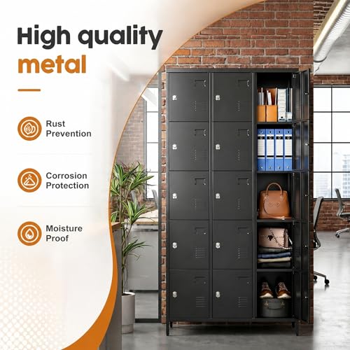 SUPEER Metal Lockers for Employees,15 Door Steel Storage Lockers for School Gym Office Garage, Lockable Metal Lockers for Personal Items,15.75" D x 35.43" W x 72" H,Assembly Required,Black