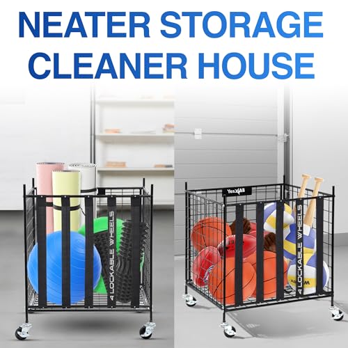 YES4ALL Metal Rolling Sports Ball Storage Cart with Lockable Wheels – Heavy-Duty Basketball, Football & Volleyball Holder for Garage, Gym or School – Large Equipment Organizer with Easy-Access Elastic Bands