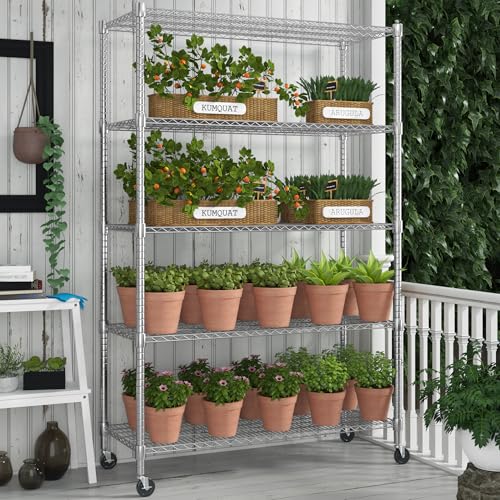 Homdox 5 Tier Heavy Duty Storage Shelves, Wire Shelving Unit with Wheels, Commercial Adjustable Metal Shelves for Storage, Garage Rack Pantry Shelves Kitchen Shelving, 24"x 60"x 82", Chrome