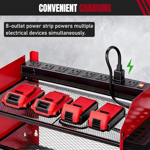 SecureElastic Modular Power Tool Organizer Wall Mount with Charging Station, 3-Layer Heavy Duty Drill Holder Rack & 8-Outlet Power Strip for Garage Workshop Storage