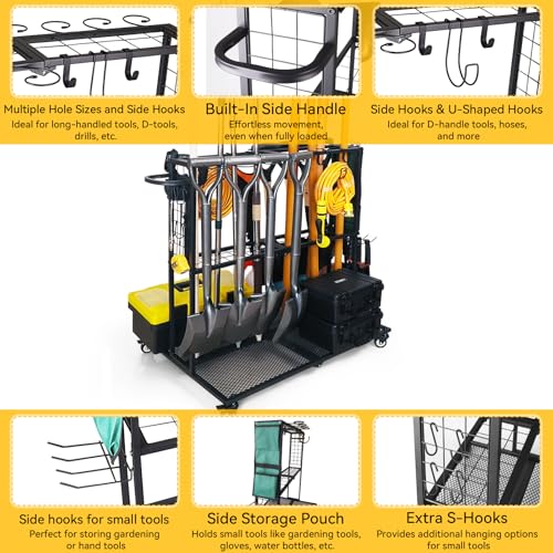 LCMWHOP Garden Tool Organizer - Heavy Duty Garage Storage and Organization with Wheels - Large Garden Tool Storage Holder for Lawn Yard Patio Shed,Garage Shovel Rack
