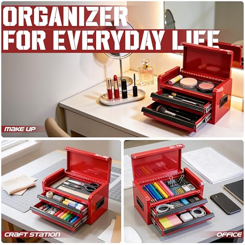 OLY-PRO Mini Toolbox with 2 Drawers and Top Storage, Durable Steel Construction with Ball-Bearing Slides, Multi-Purpose Portable Tool Boxes Case Organizer for Garage, Red