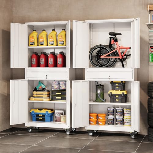 DEVAISE Metal Garage Storage Cabinet with Locking Doors and Adjustable Shelves, Rolling Tool Cabinet with Drawer for Garage,Warehouse,Home,Office (White)