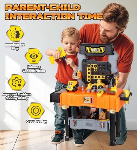 Lehoo Castle Kids Tool Bench with Electric Drill and Construction Vehicles, 2-in-1 Workbench and Toolbox for Toddlers, STEM Learning Toys for Age 3-5, Birthday Gift for Boys & Girls