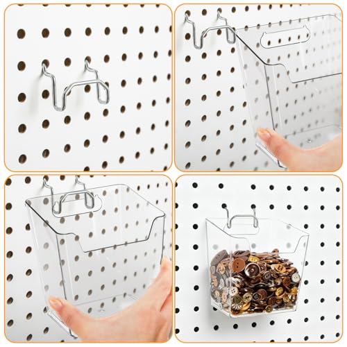 Coloch 6 Pack Clear Pegboard Cups with Hooks, Plastic Peg Board Bins Pegboard Organizer Accessories Wide Mouth Storage Box for Garage, Workbench, Craft Room, Office Organization, 3 Sizes