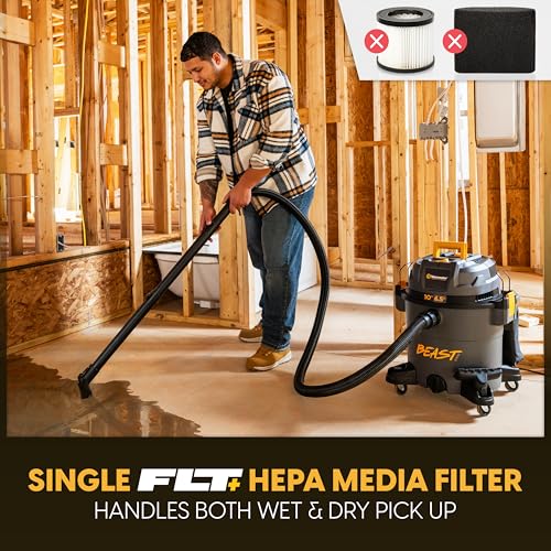 Vacmaster Professional Beast Series FLT+10-Gallon 6.5 Peak HP Wet/Dry Shop Vacuum with HEPA Media Filter, Manual Filter Cleaning System, Power Tool Sync Technology- VJN1012PF 0201