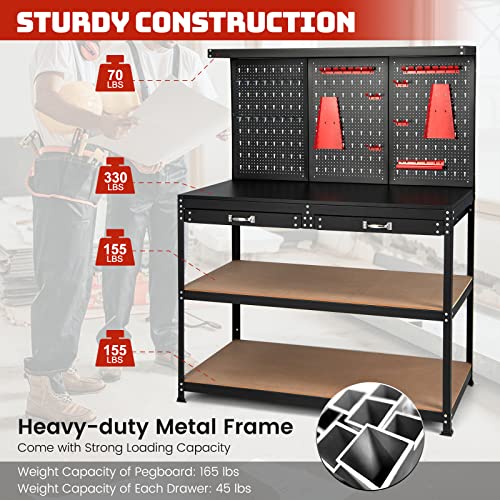 Goplus Work Bench with Storage, 48" x 24" Work Table with Pegboard, 2 Drawers, Hanging Accessories, Topping Space, 4-Tier Heavy Duty Metal Tool Storage Bench, Workbench for Garage, Workshop