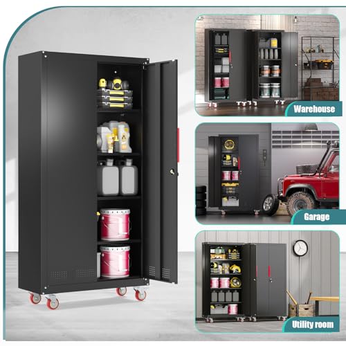 Eltean Metal Garage Cabinets with Wheels| 71" Steel Lockable Garage Storage Cabinet with 4 Adjustable Shelves, Heavy-Duty Tool Storage Cabinet for Home, Basement, Workshop (Black)