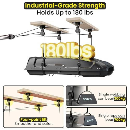 Cargo Box Ceiling Storage Hoist,180lbs Pulley System for Garage Ceiling Storage, Heavy Duty Garage Pulley Lift System for Roof Cargo Box, Garage Hoist for Overhead Storage, Fits 8-16ft Ceilings