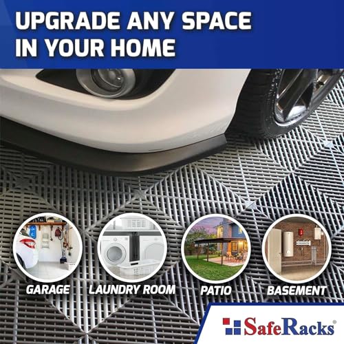SafeRacks Ribbed Interlocking Garage Floor Tiles - Vented, Self-Draining, Non-Slip Flooring, Modular, Virgin Polypropylene, Ideal for Garages, Patios, Basements, Decks - Black - 82.56 sq ft - 48 Pack