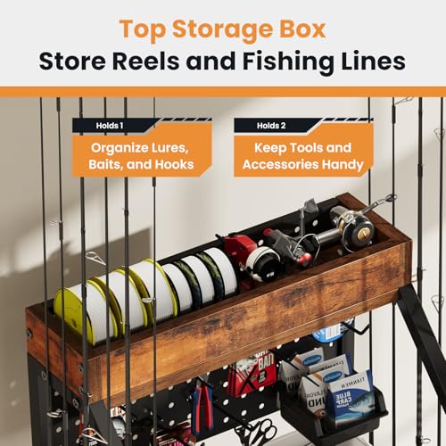 KITIVIALA Fishing Rod Holder for Garage with Hooks & Pegboard, 3-Tier Fishing Pole Rack Holds 12 Rods, Rolling Fishing Rod Storage Organizer with Wooden Tool Box, Fishing Tackle Shelf for Anglers